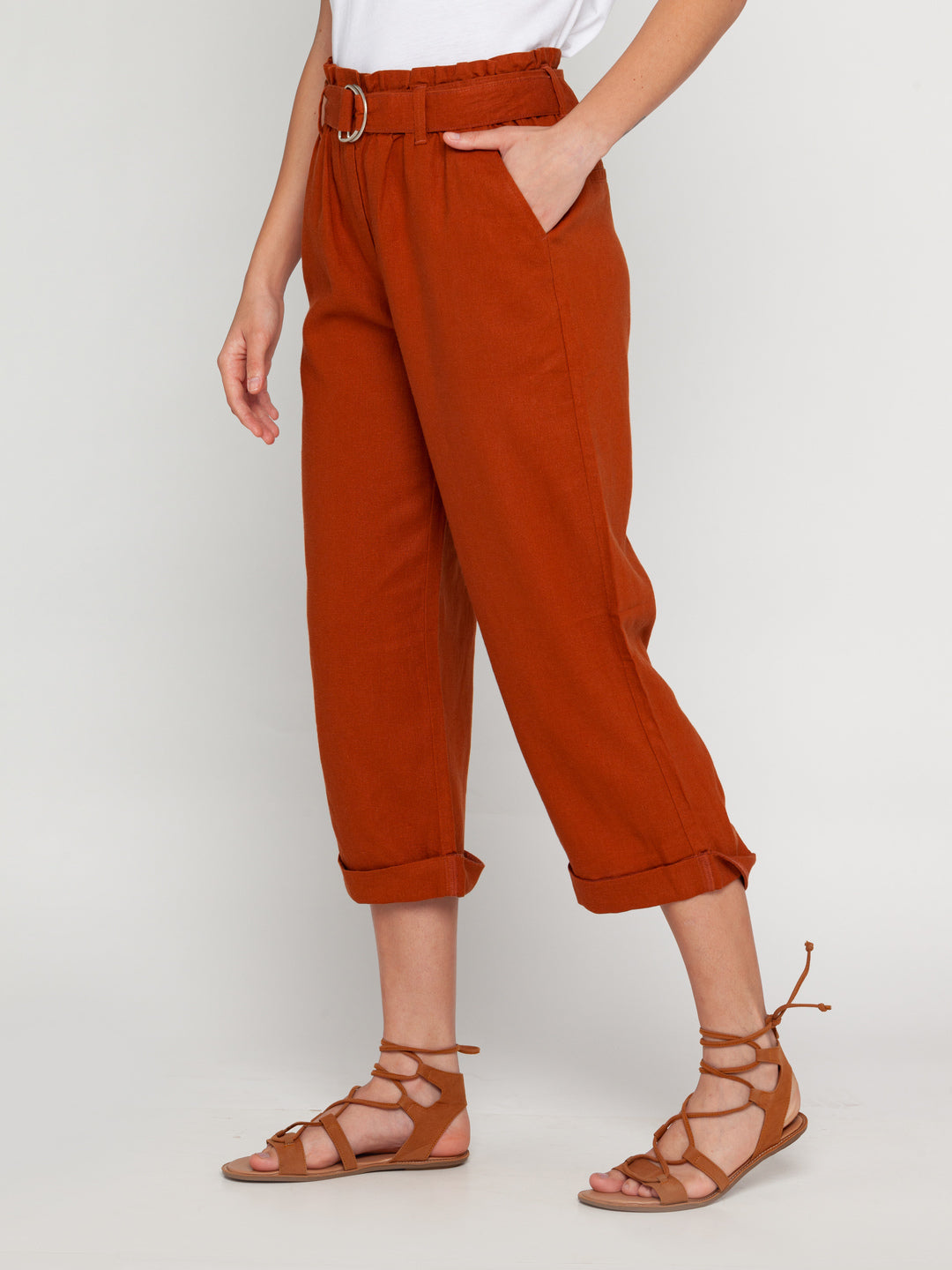 Brown Solid Pleated Trouser