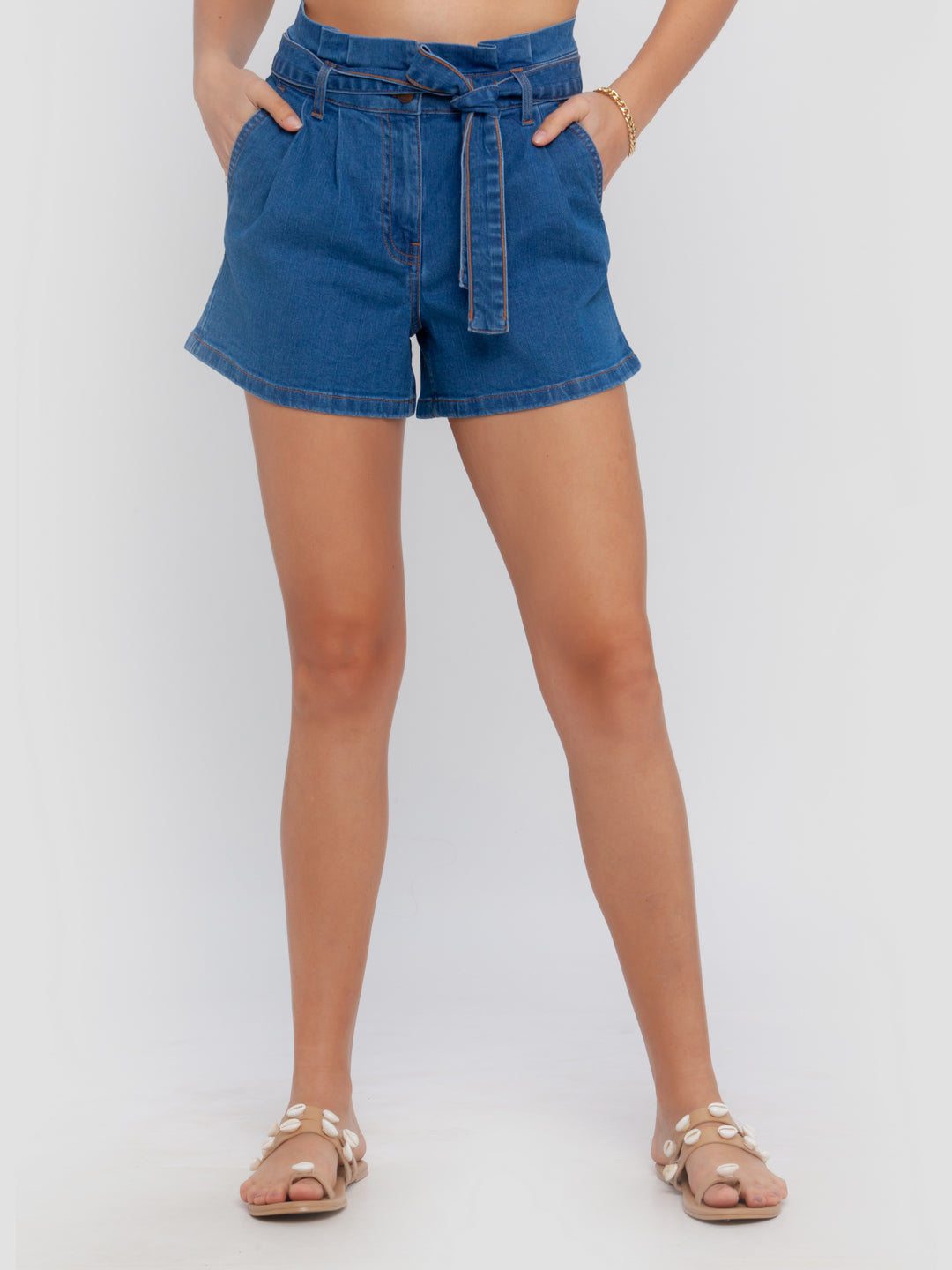 Blue Solid Tie-Up Shorts