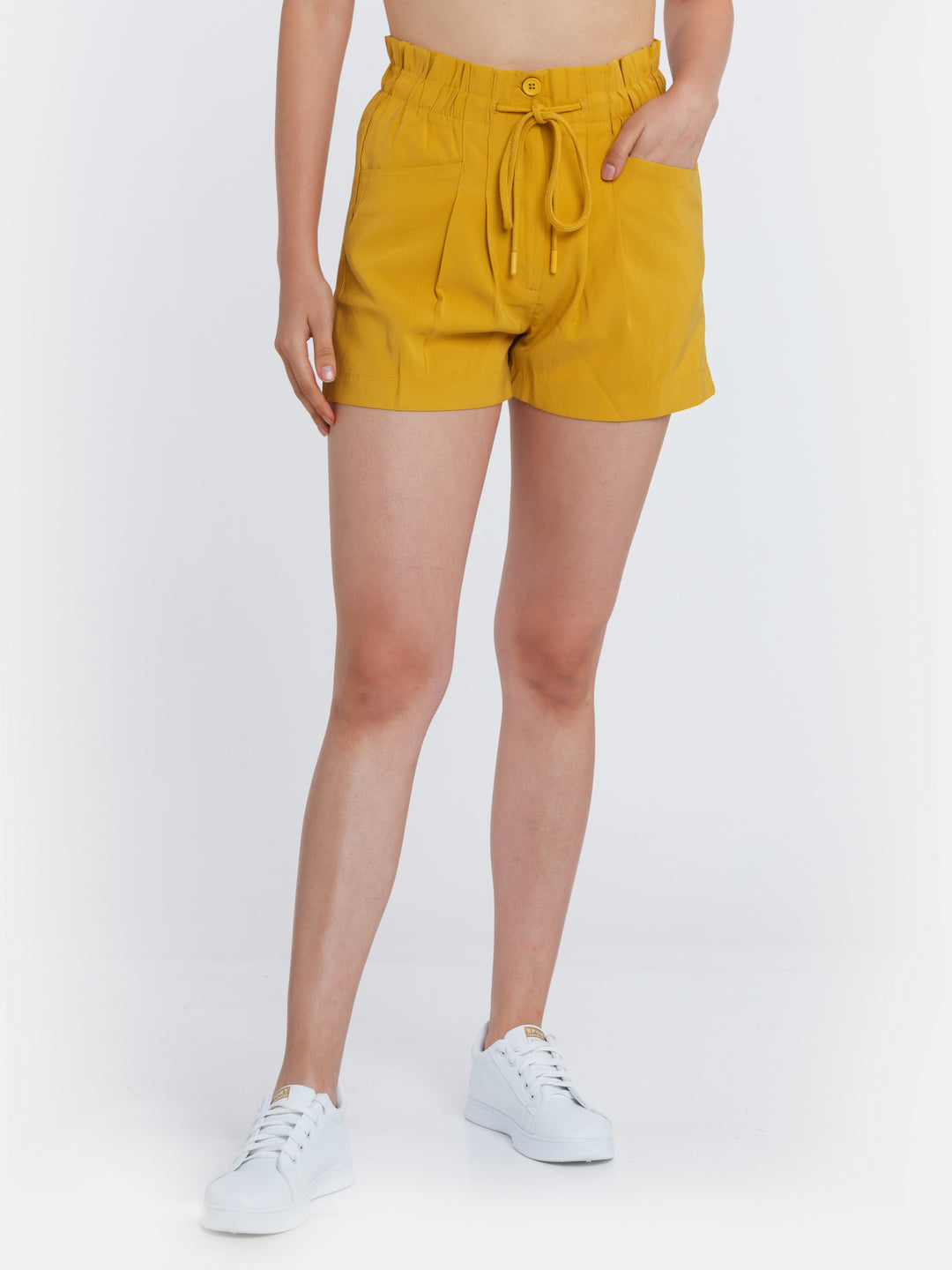 Mustard Solid Wide Leg Shorts For Women