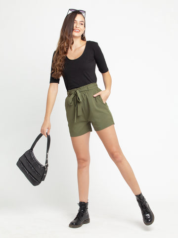 Green Solid Elasticated Shorts For Women