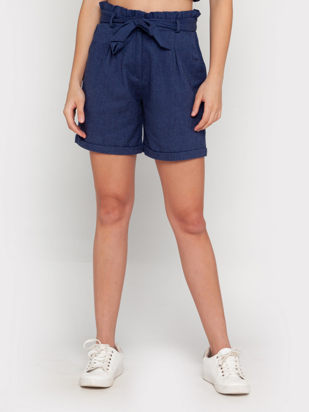 Blue Solid High Waist Shorts For Women