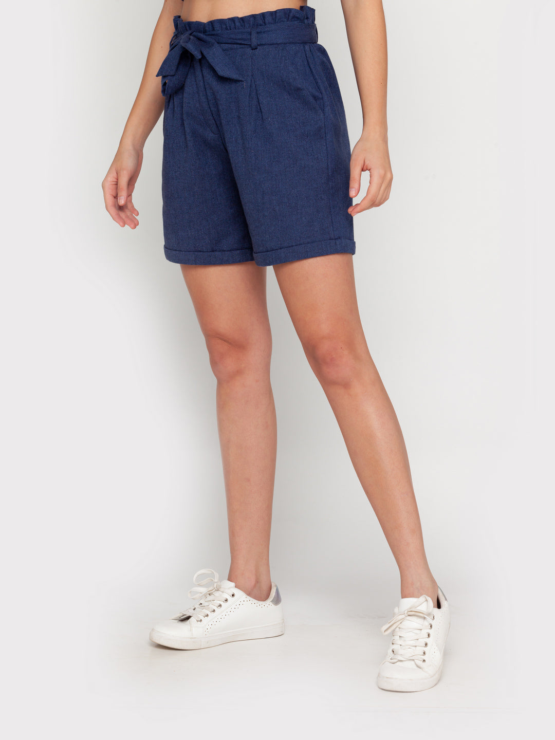 Blue Solid High Waist Shorts