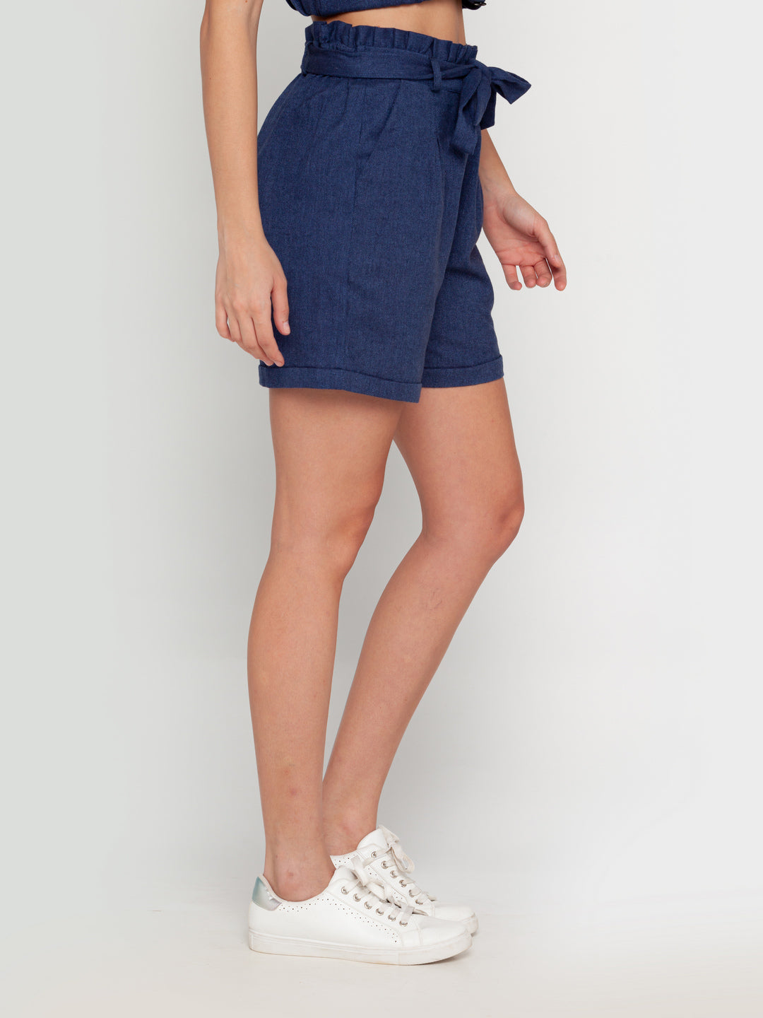 Blue Solid High Waist Shorts