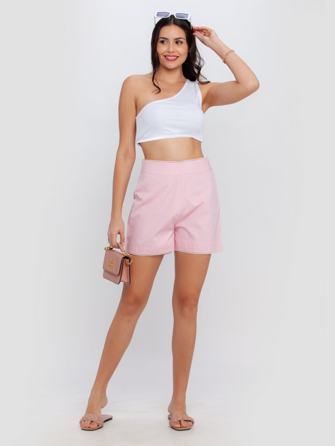 Pink Solid Fitted Shorts For Women