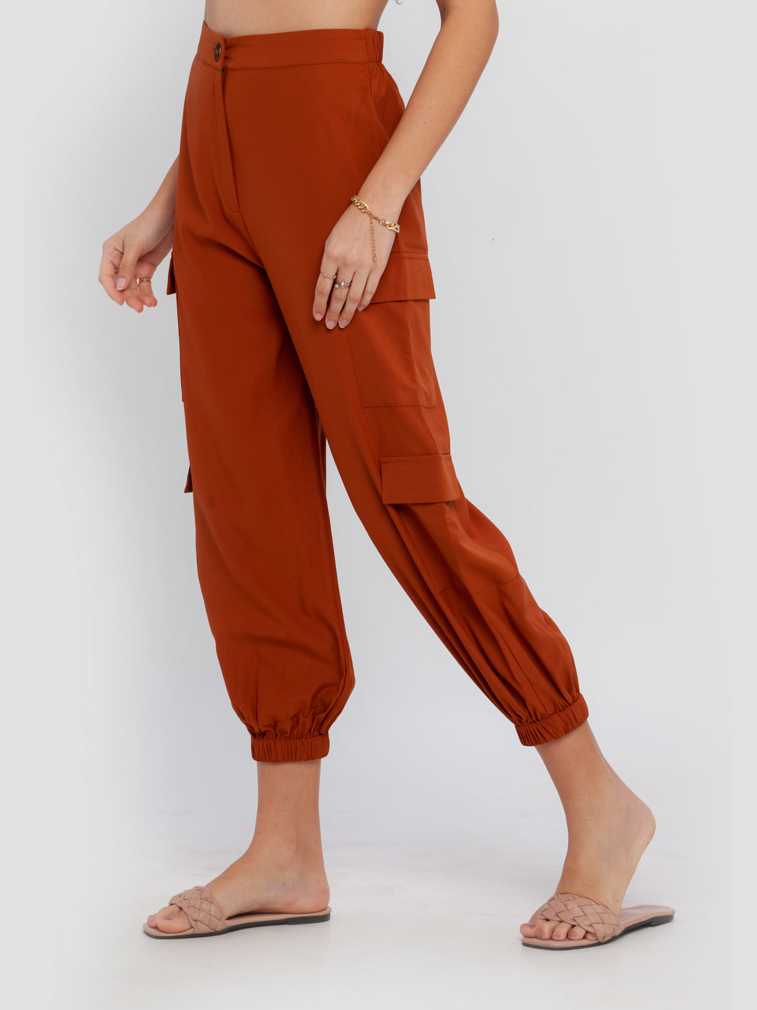 Brown Solid Elasticated Trouser For Women