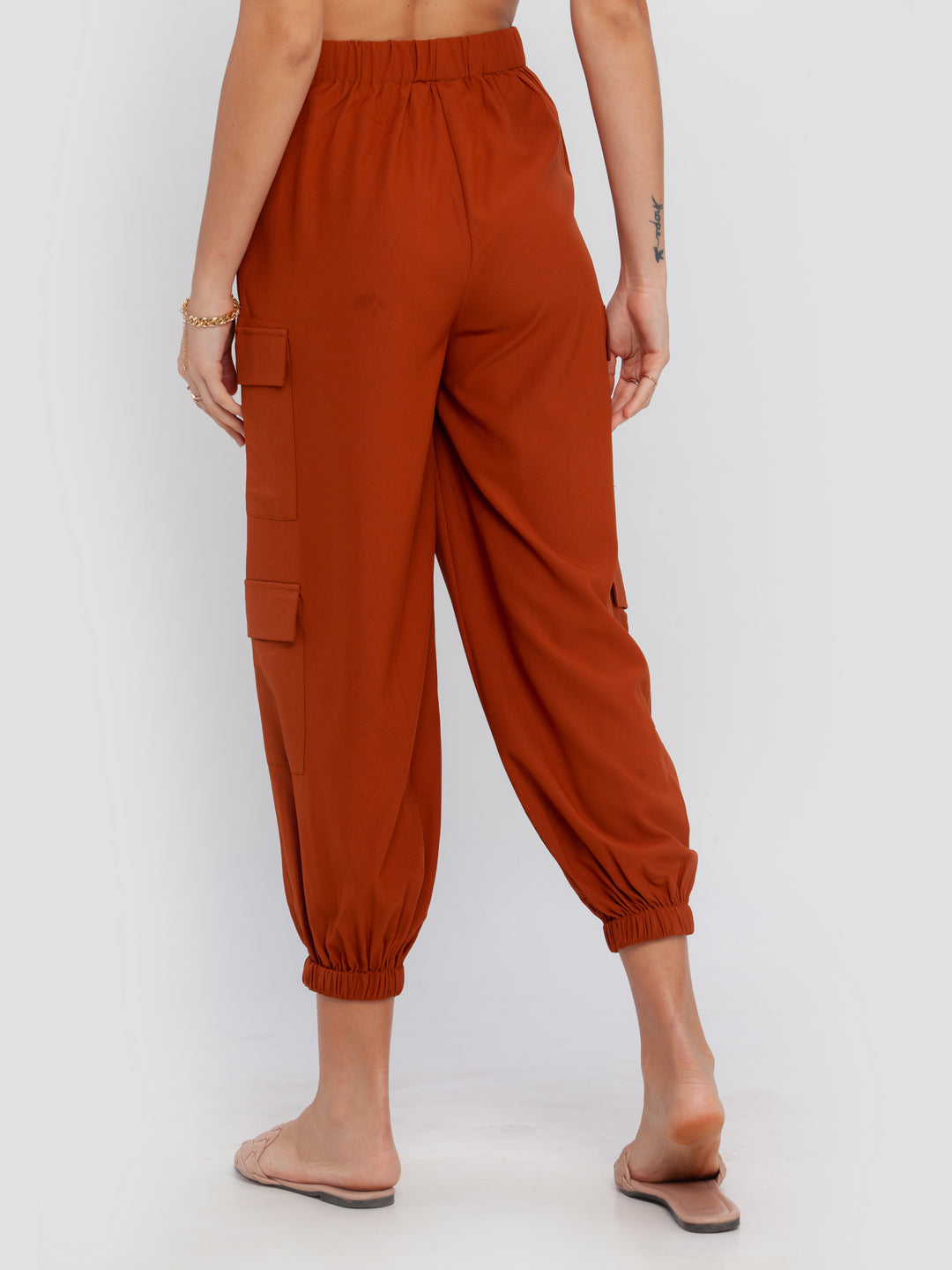 Brown Solid Elasticated Trouser