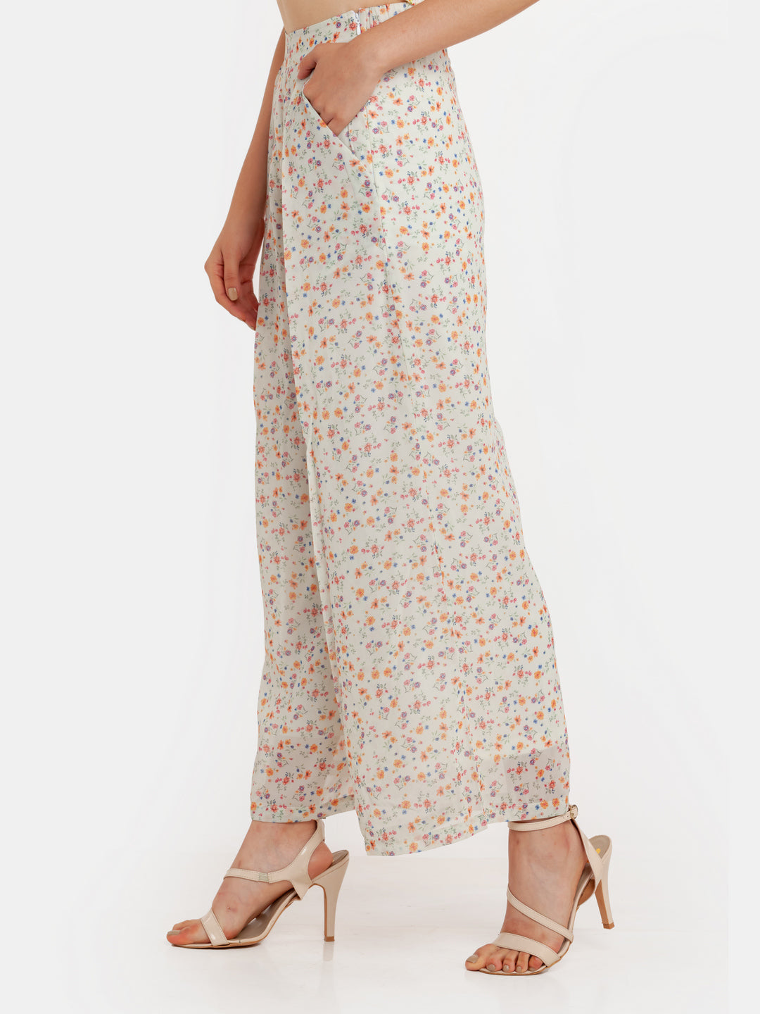 Off White Printed Pleated Palazzo For Women