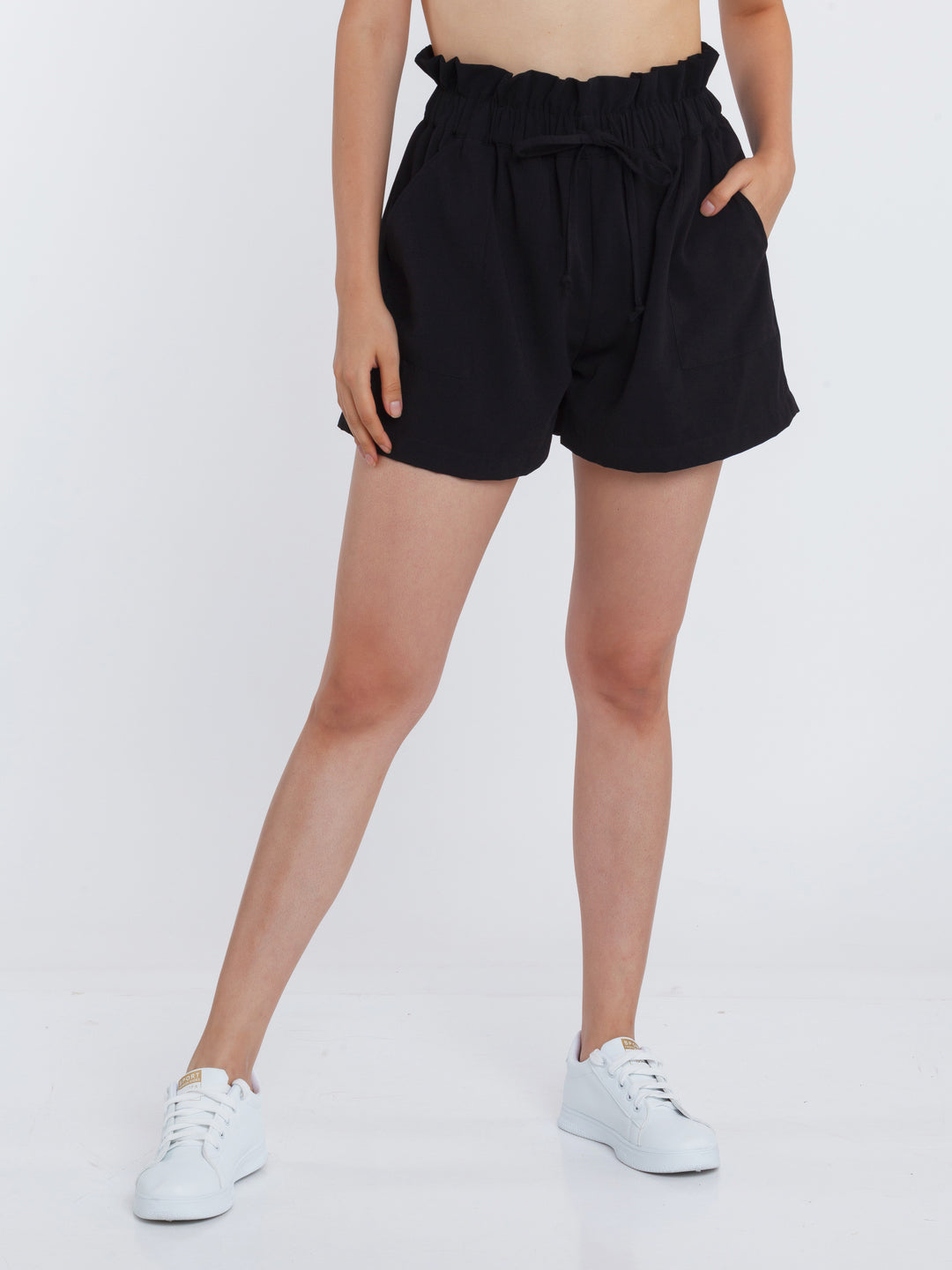 Black Solid High Waisted Shorts For Women