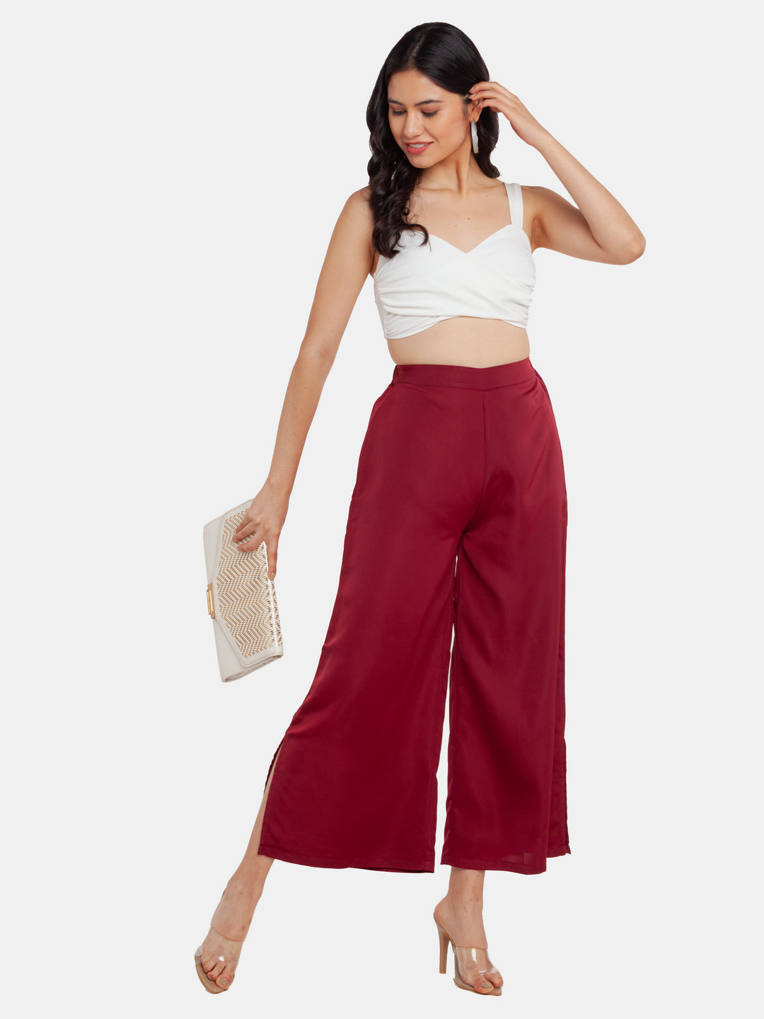 Maroon Solid High Waisted Trouser