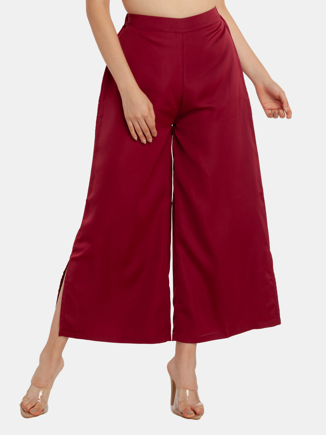 Maroon Solid High Waisted Trouser