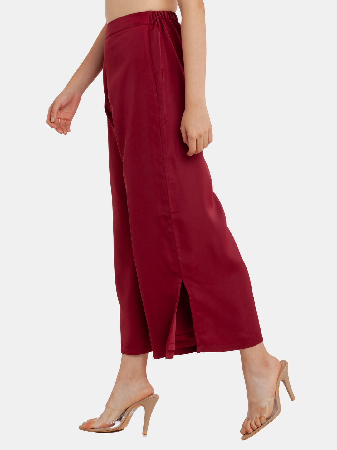 Maroon Solid High Waisted Trouser