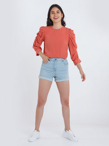 Blue Solid Jeans Shorts For Women