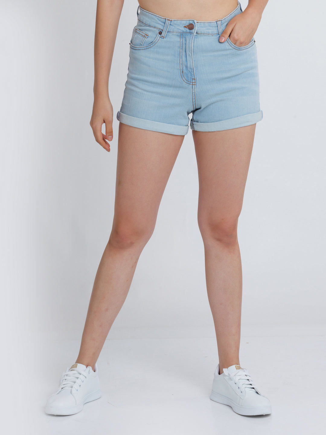 Blue Solid Jeans Shorts