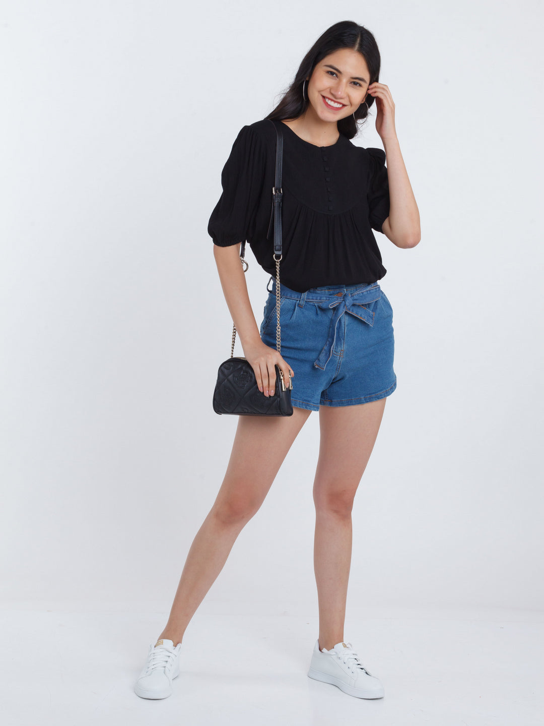 Blue Solid Tie-Up Jeans Shorts For Women