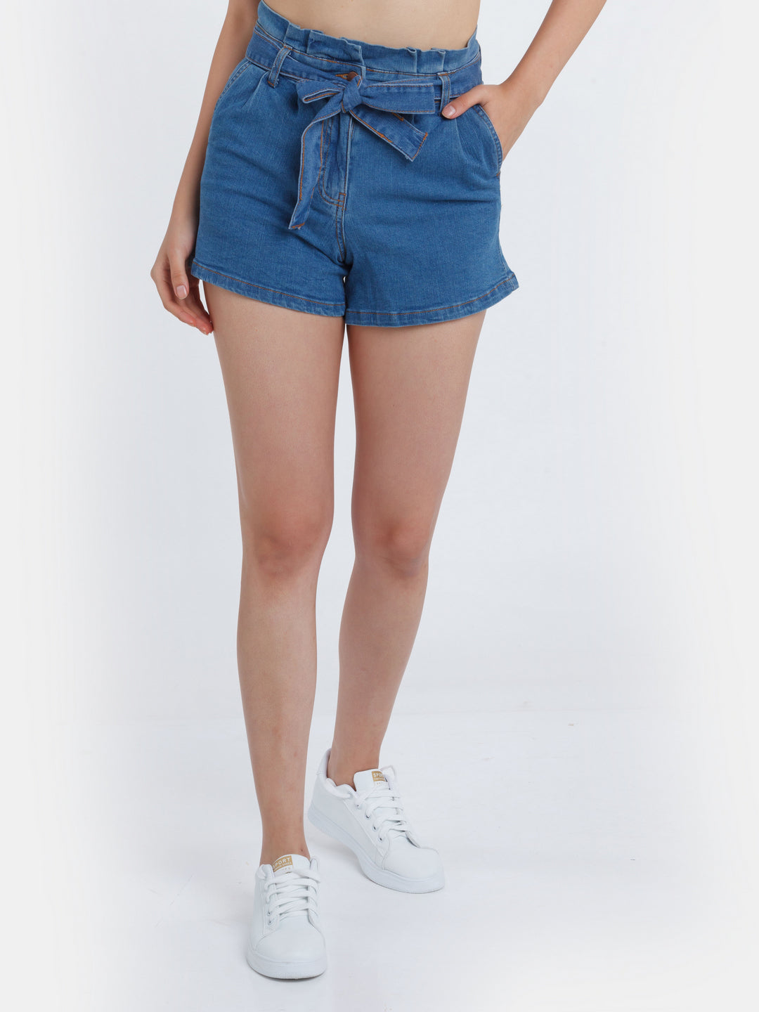 Blue Solid Tie-Up Jeans Shorts