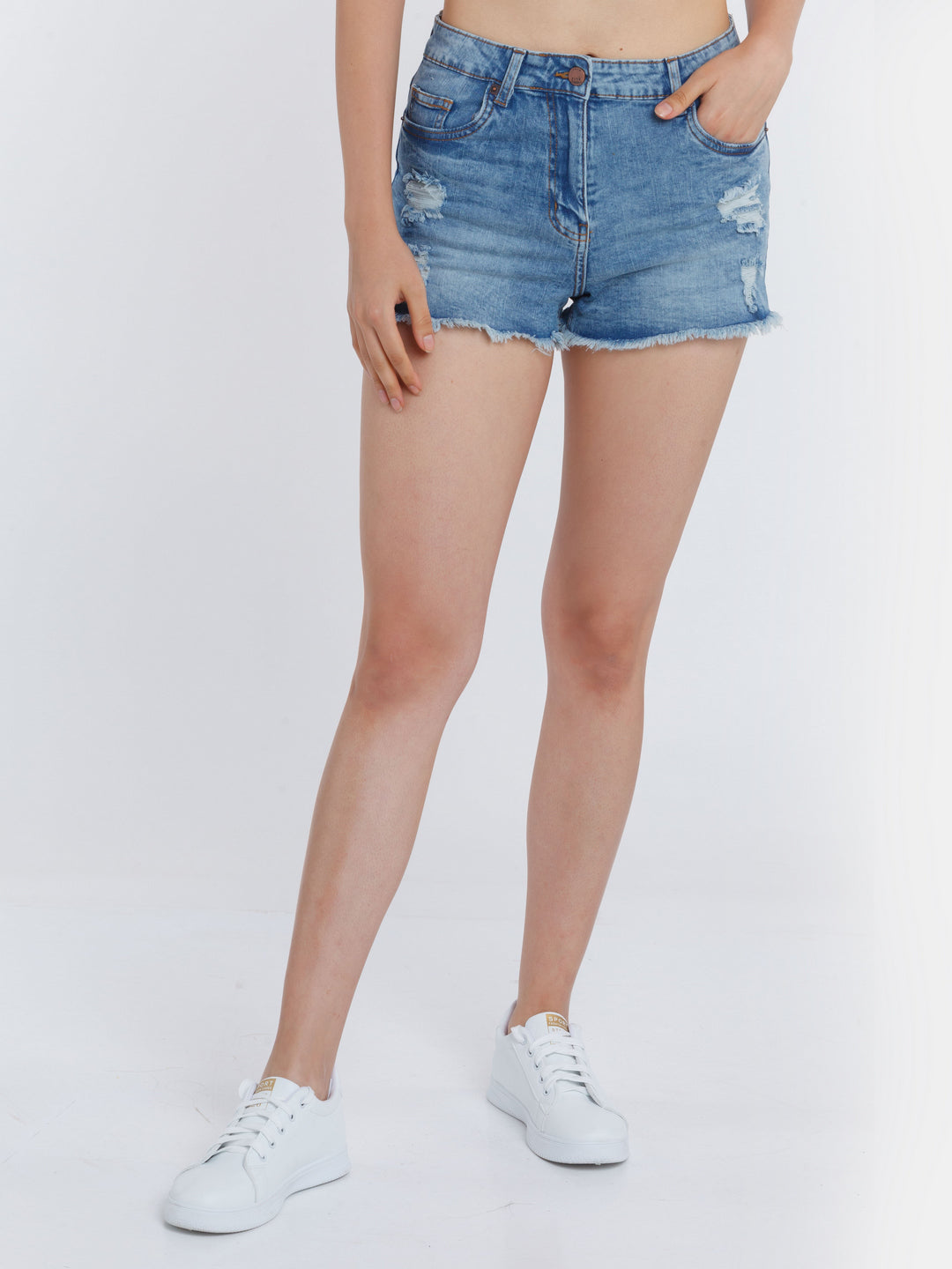 Blue Solid Distressed Jeans Shorts