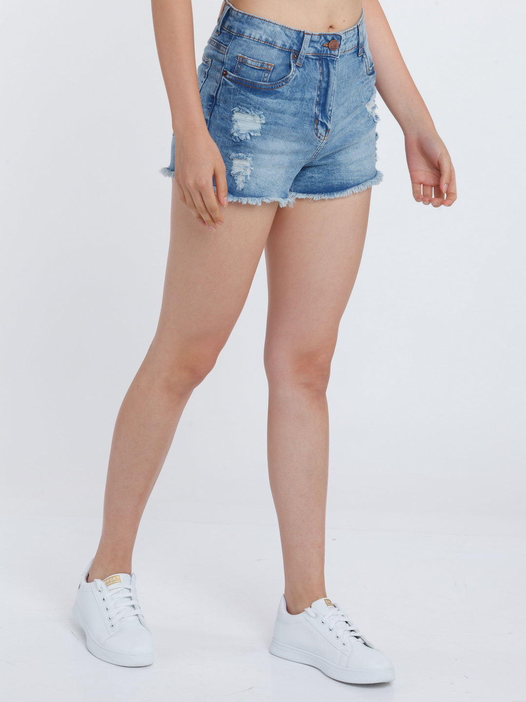 Blue Solid Distressed Jeans Shorts For Women