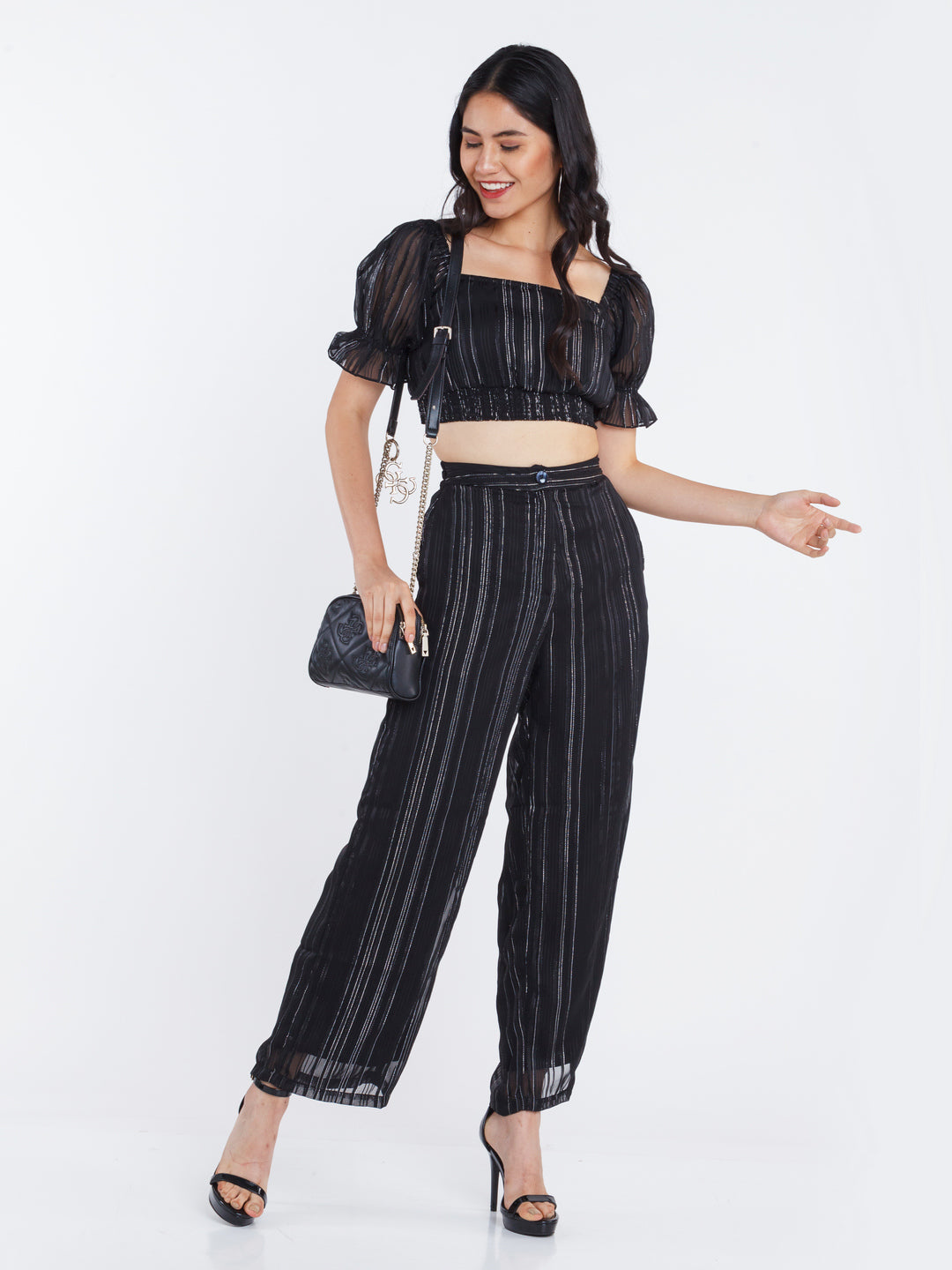 Black Striped Wide Leg Trouser