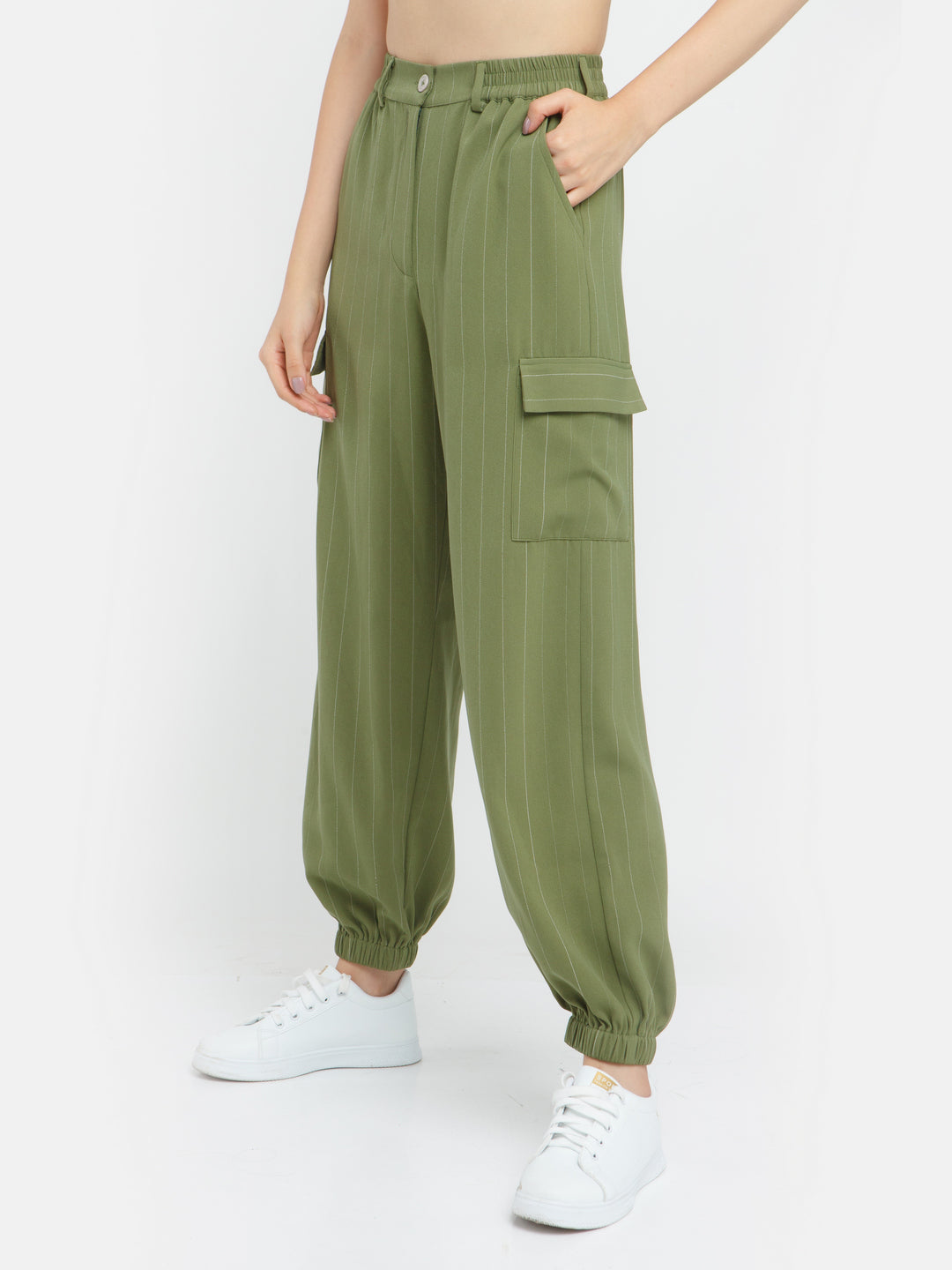 Buy Olive Striped Tapered Joggers For Women Online - Zink London