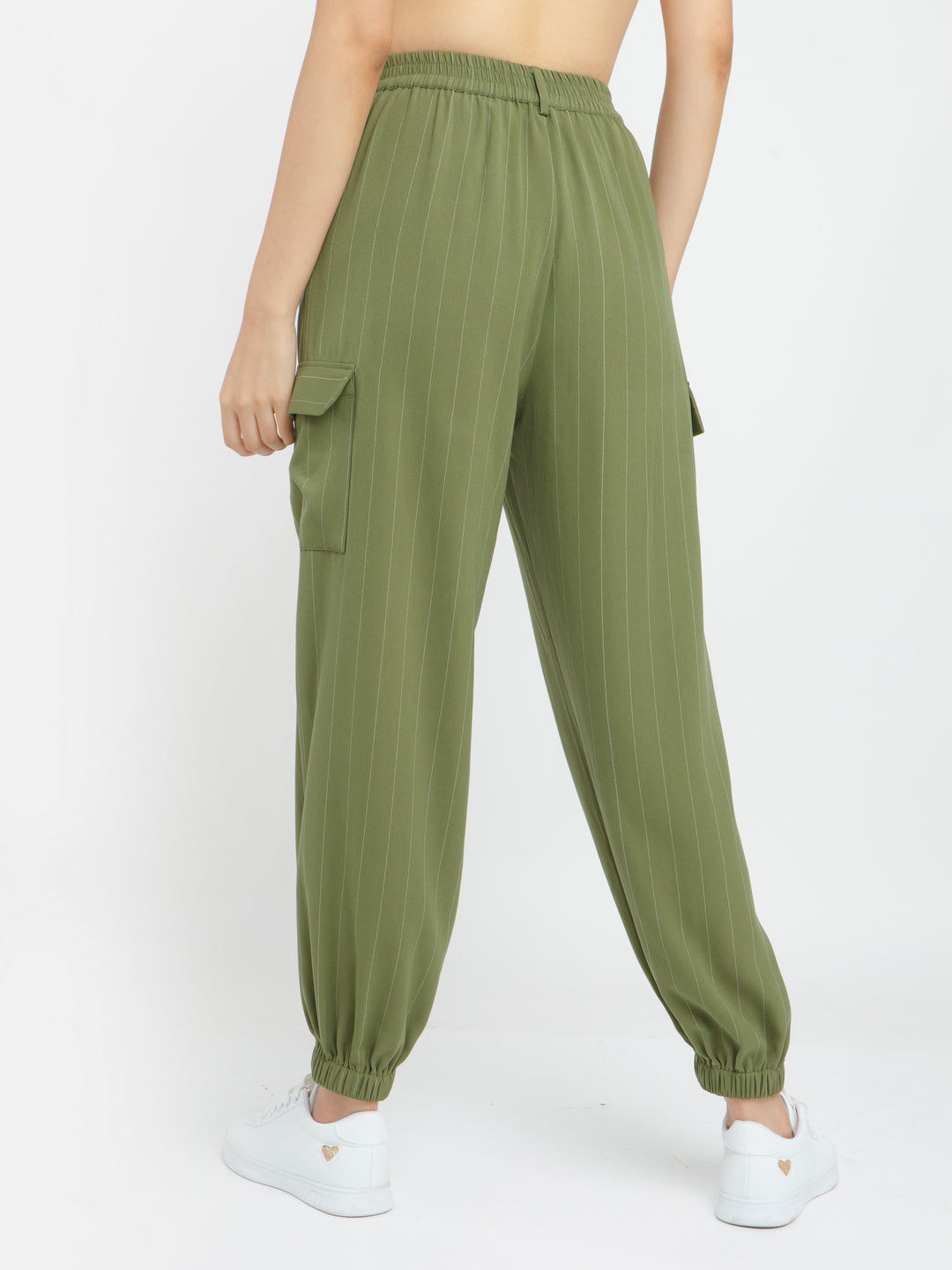 Olive Striped Tapered Joggers For Women