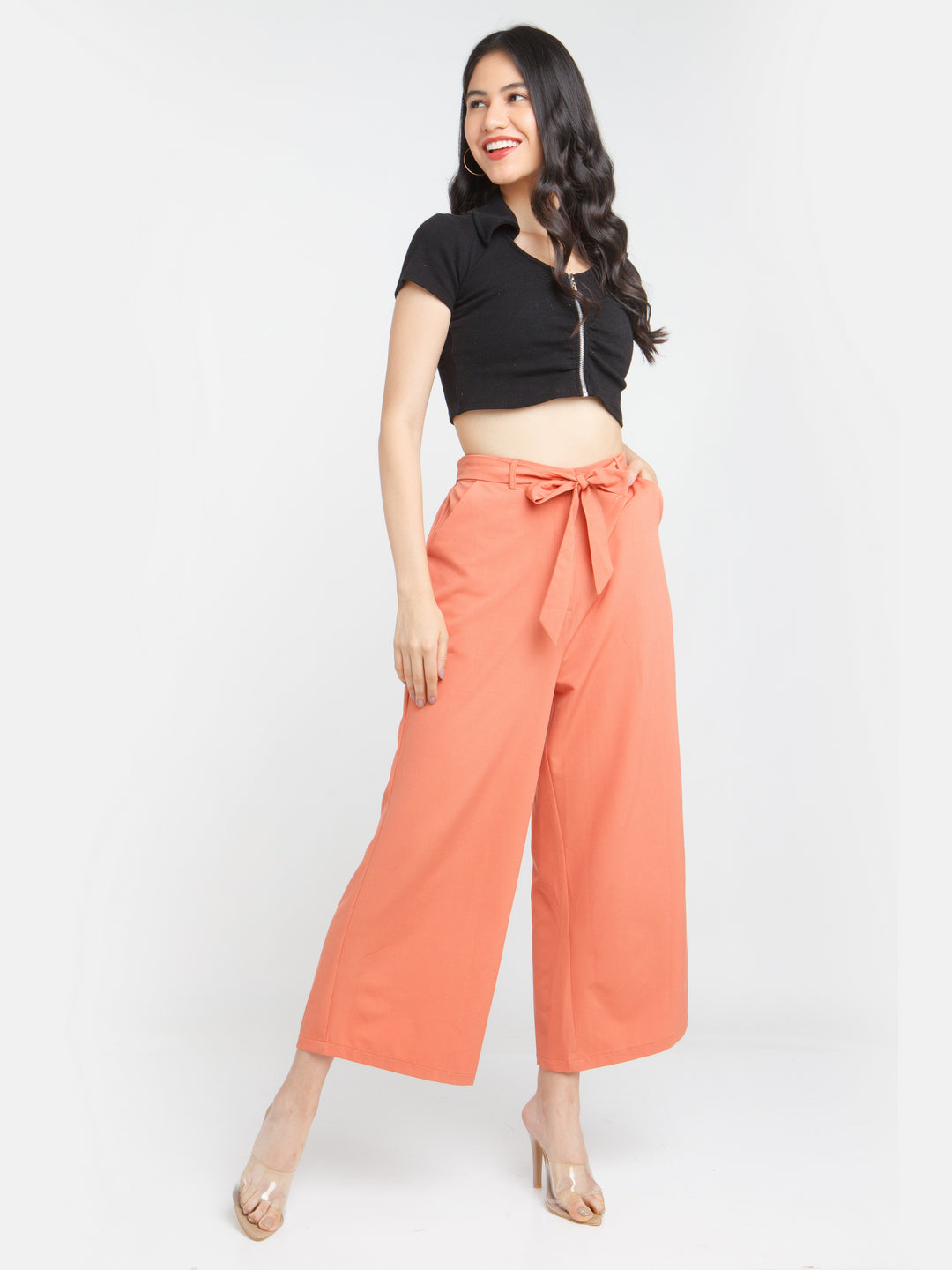 Orange Solid Wide Leg Trouser