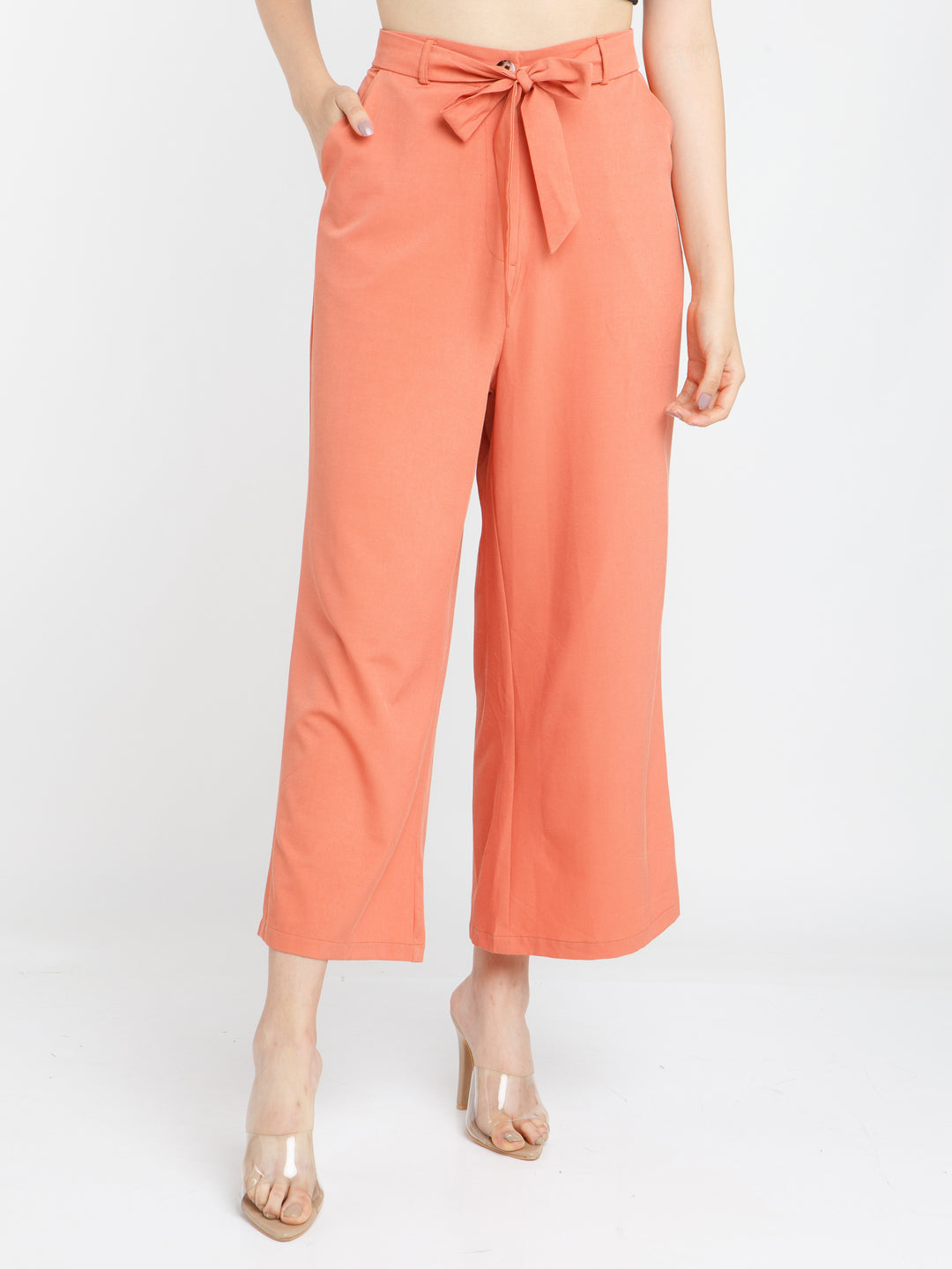Orange Solid Wide Leg Trouser For Women