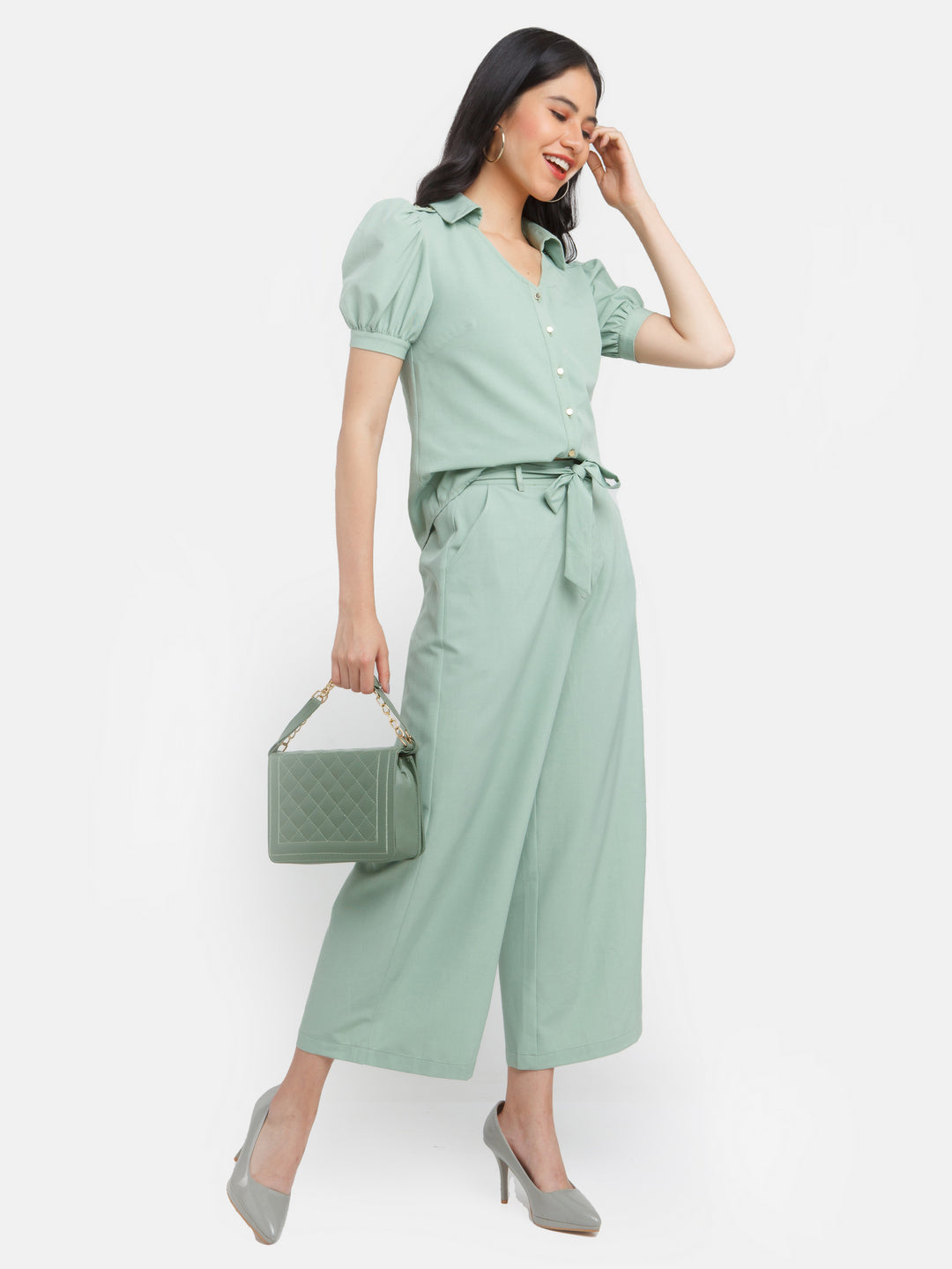 Green Solid Wide Leg Trouser