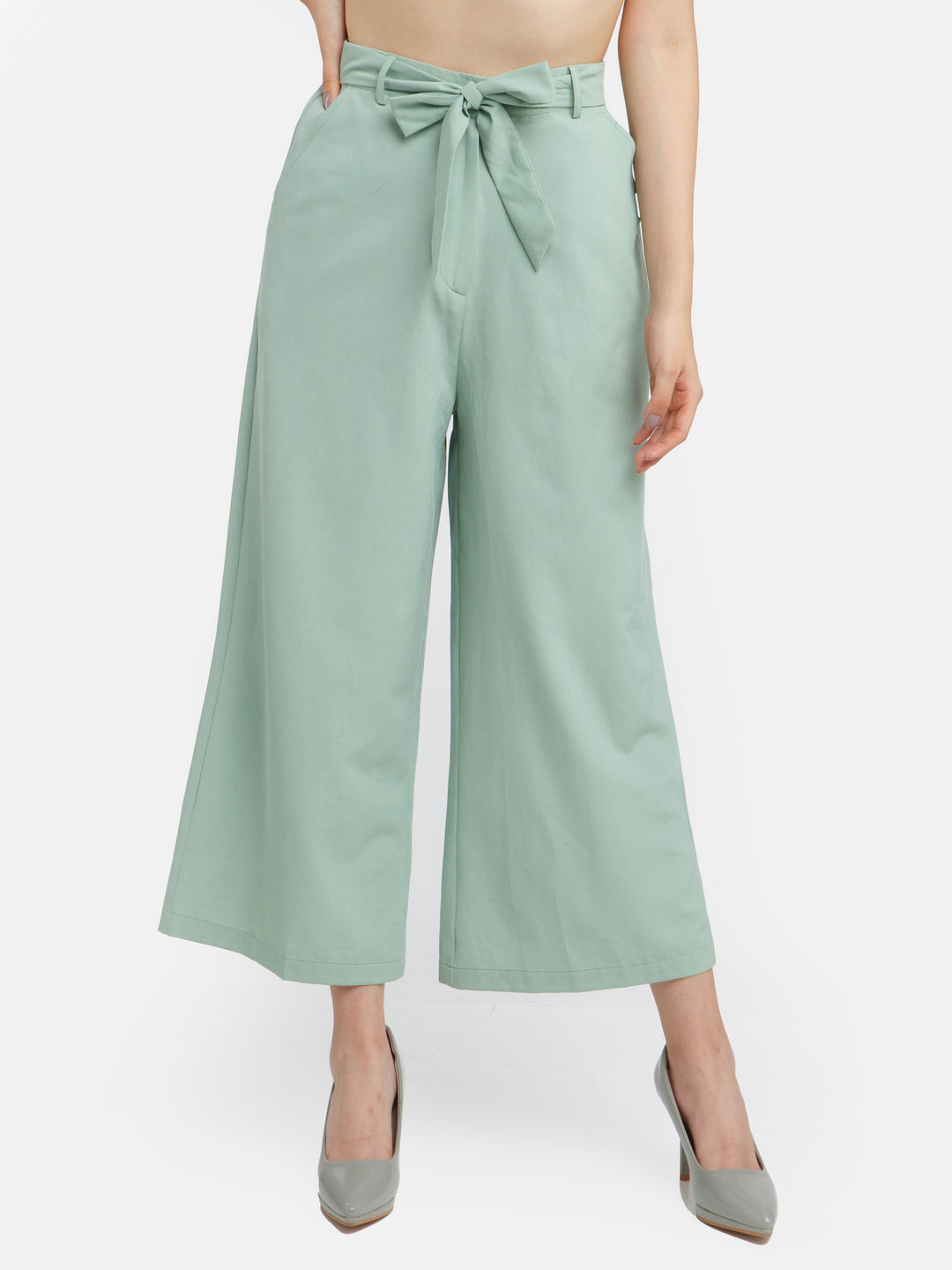 Green Solid Wide Leg Trouser