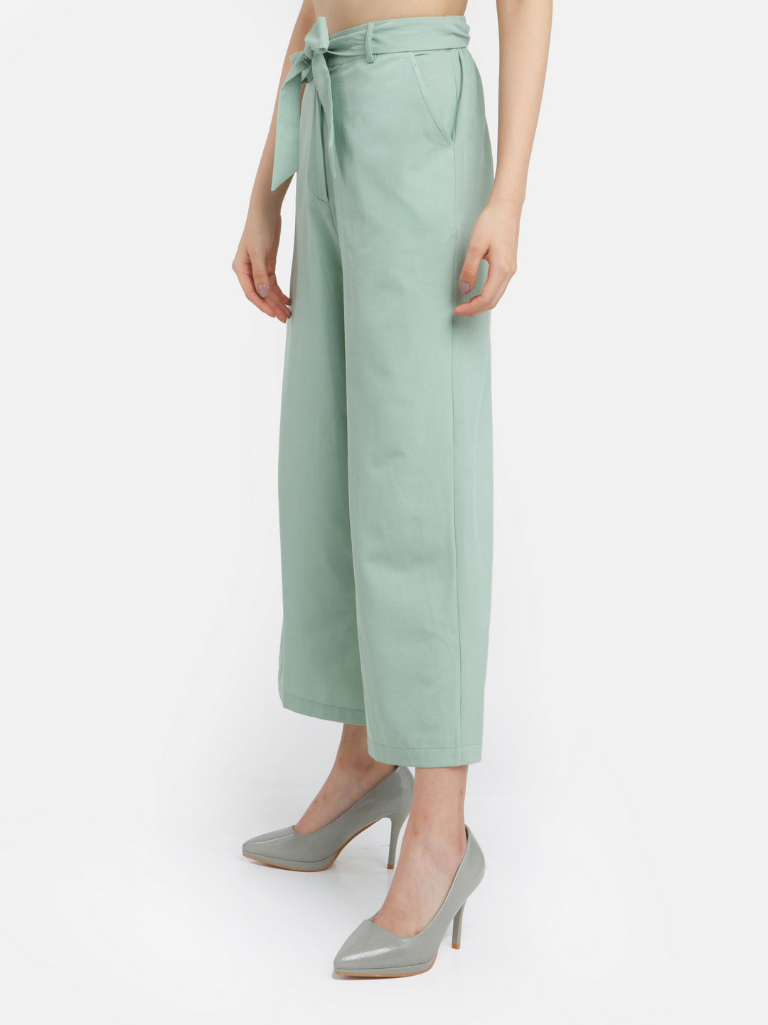 Green Solid Wide Leg Trouser