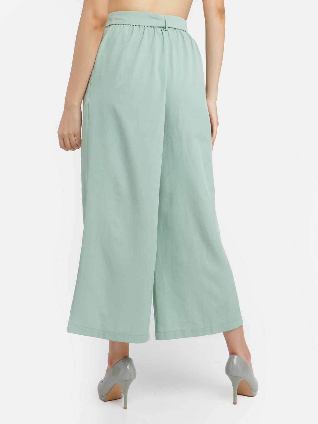 Green Solid Wide Leg Trouser For Women