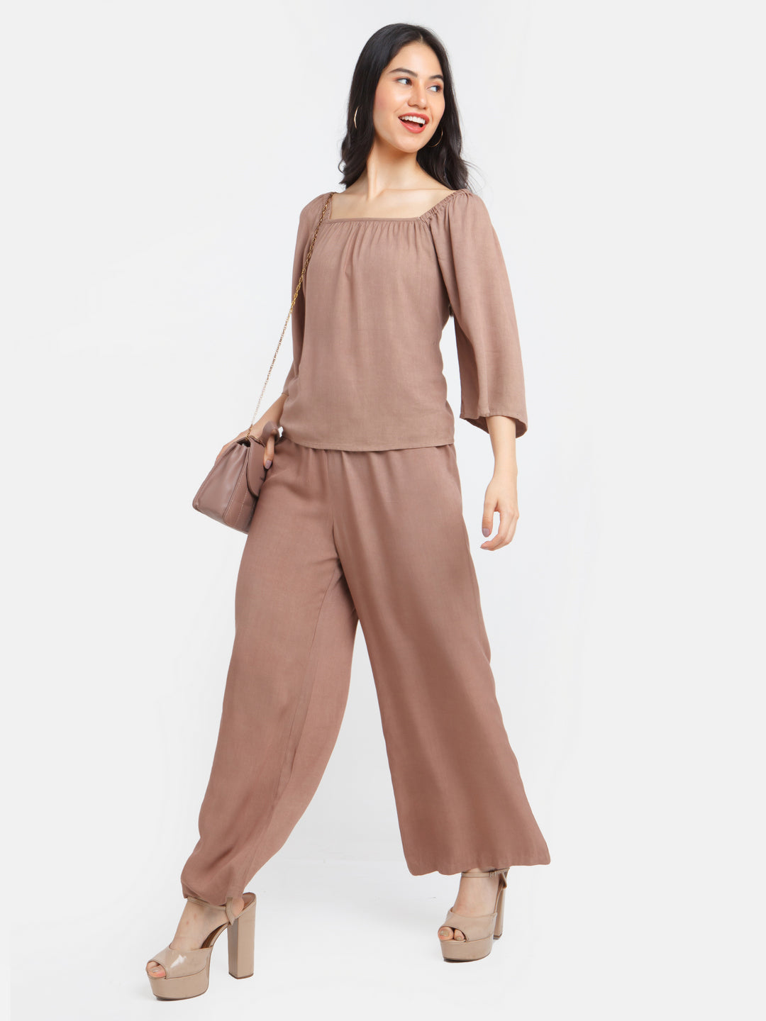 Brown Solid Smocking Trouser For Women