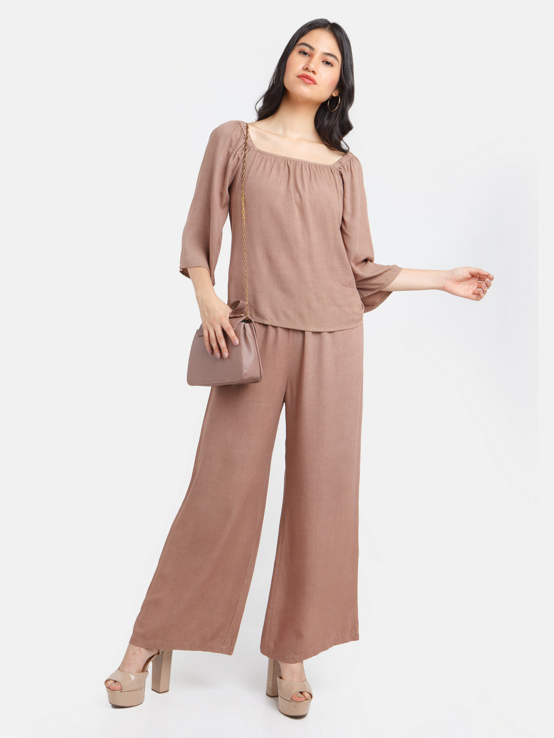 Brown Solid Smocking Trouser