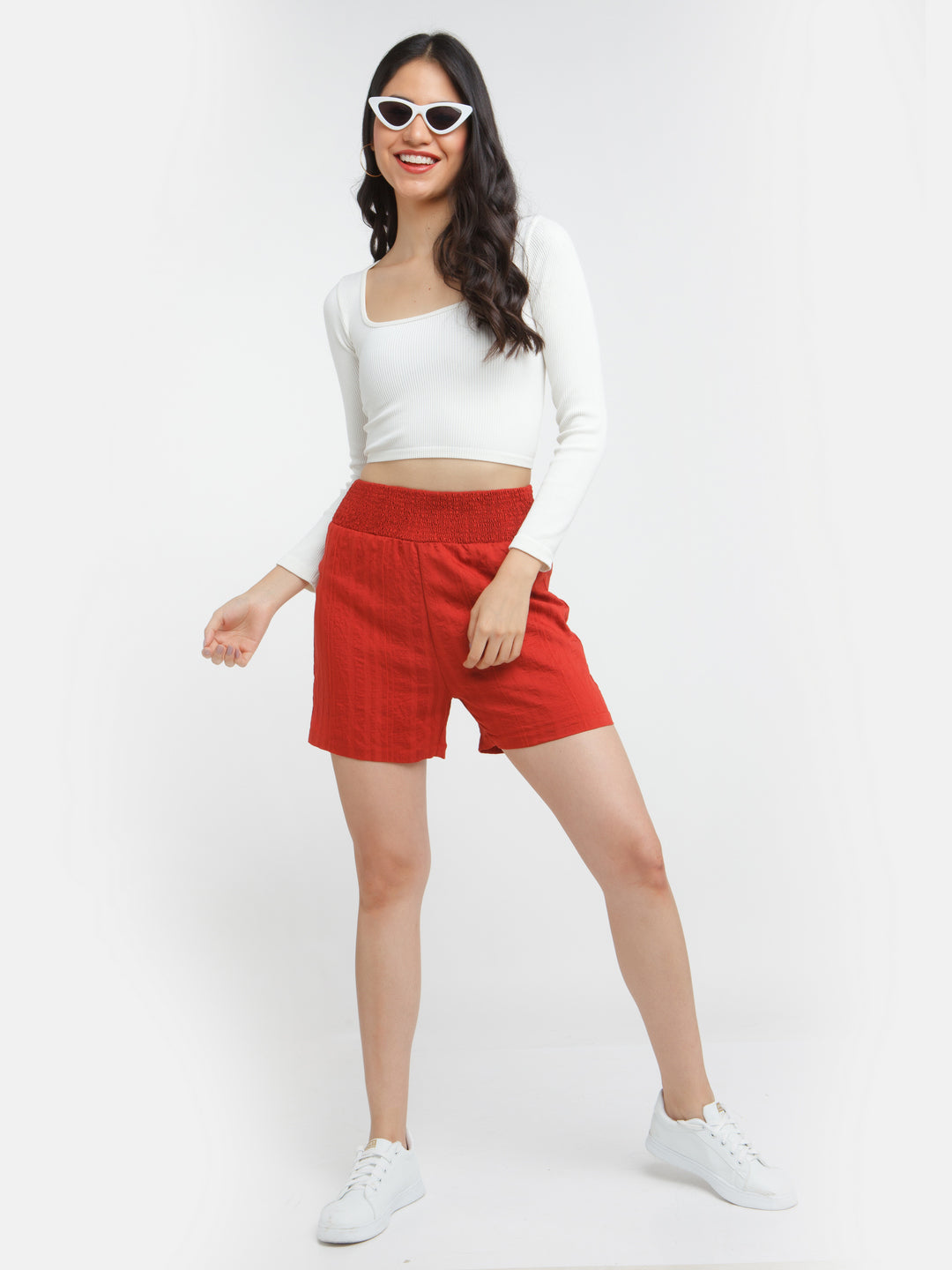 Red Solid Elasticated Shorts For Women