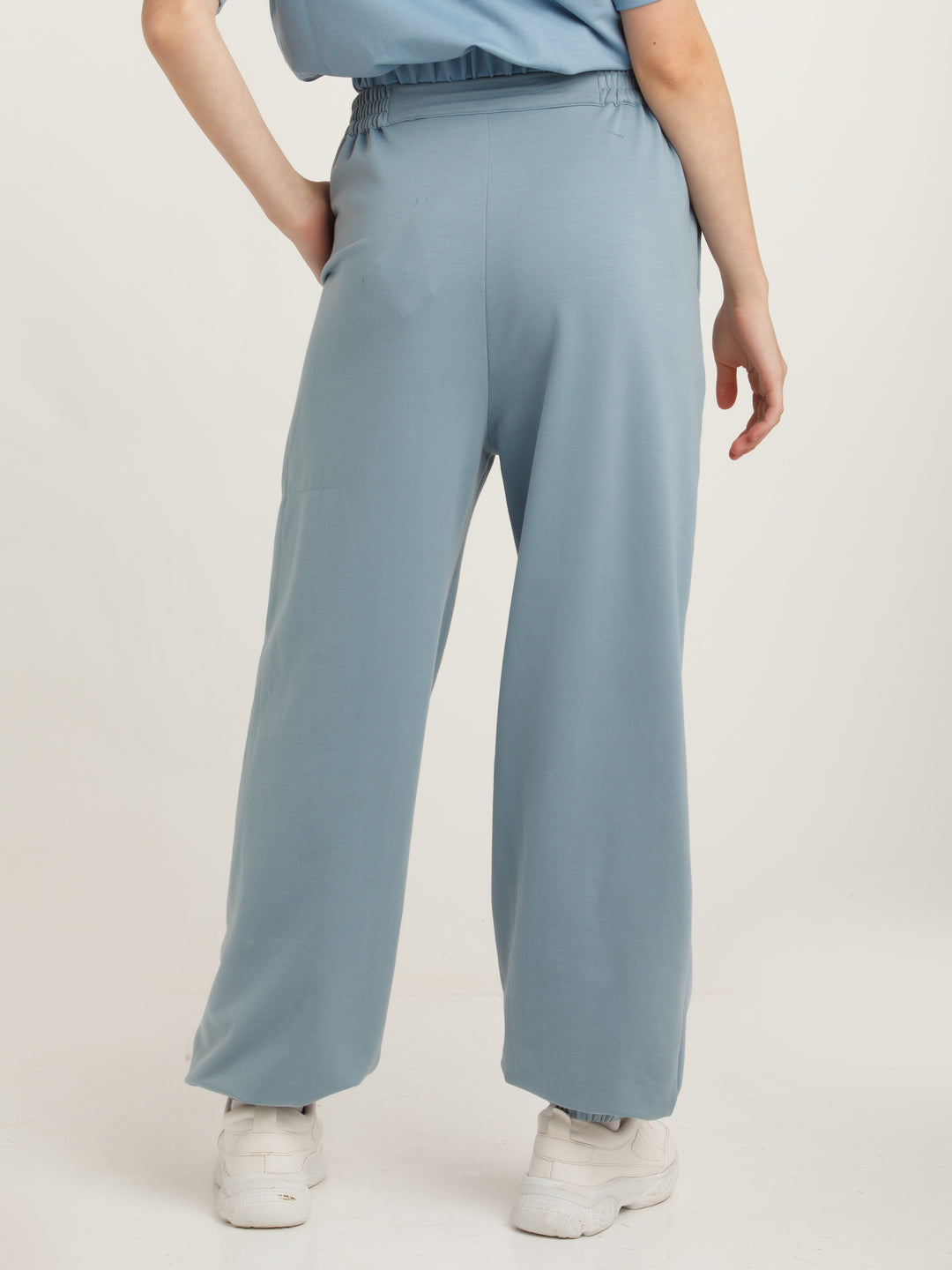 Blue Solid Elasticated Joggers For Women
