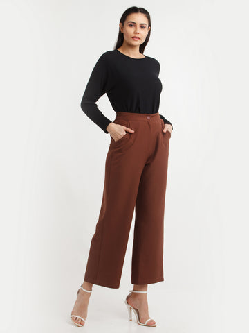 Brown Solid Pants For Women