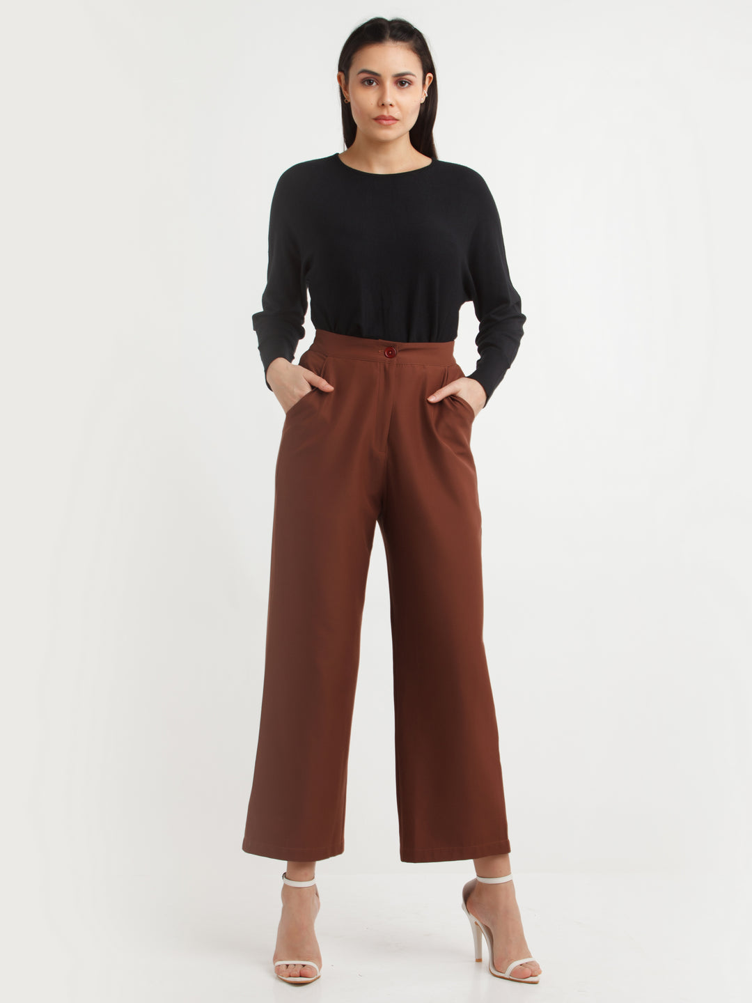 Brown Solid Pants For Women