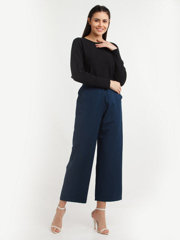 Navy Blue Solid Pants For Women