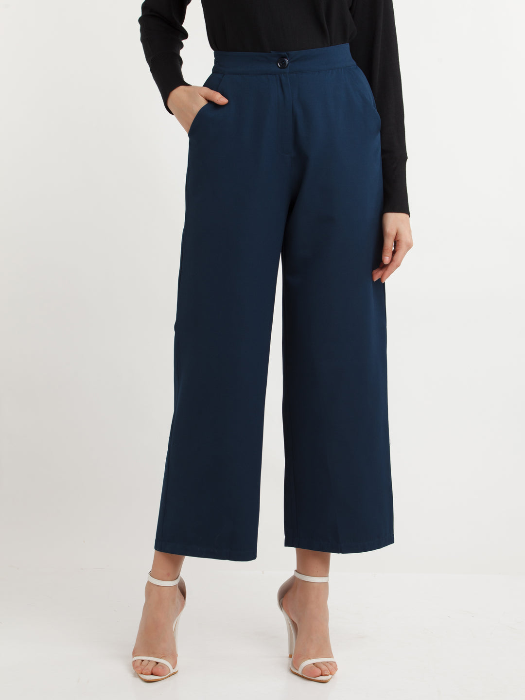 Navy Blue Solid Pants For Women