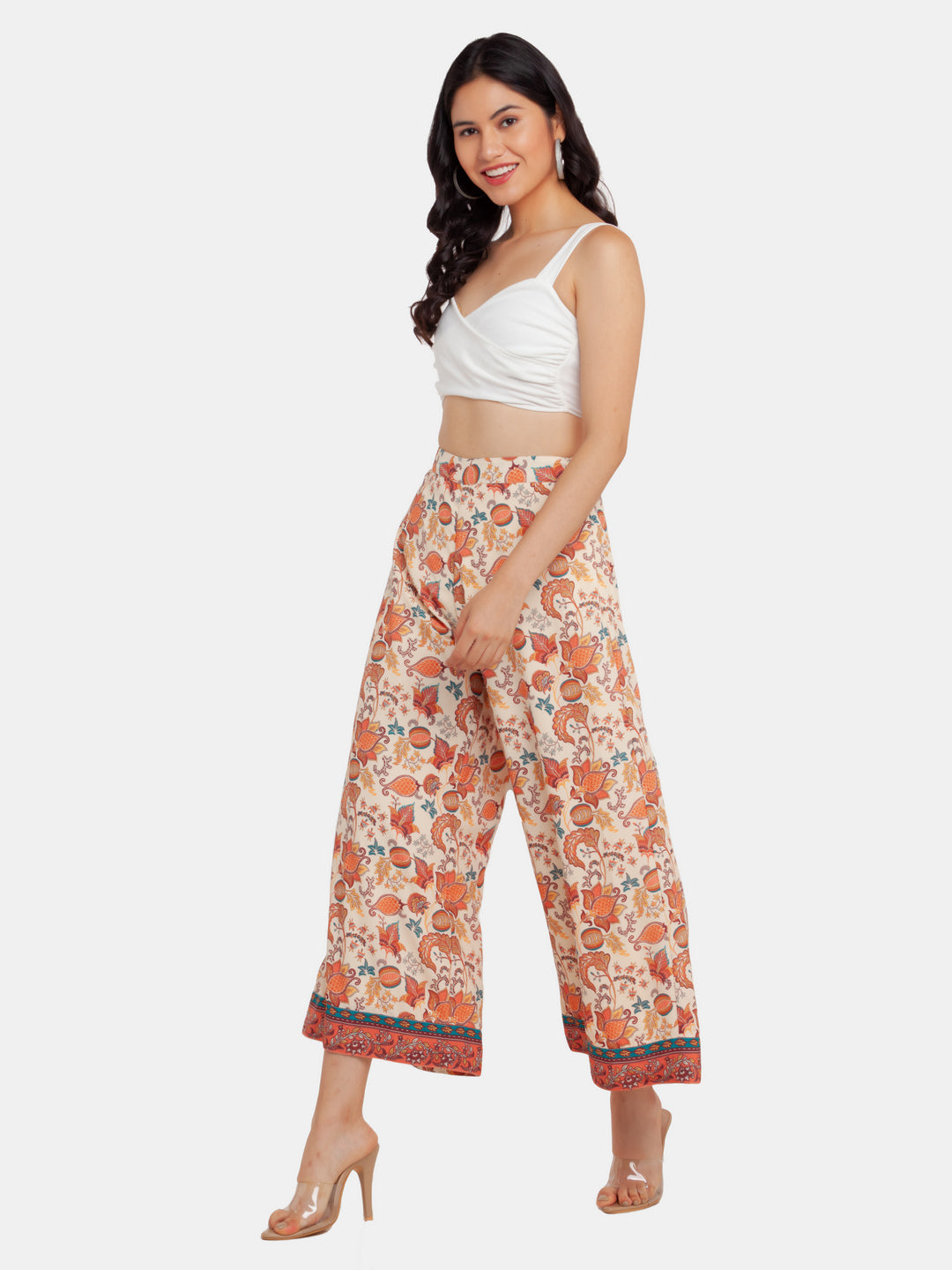 Beige Printed High Waisted Trouser