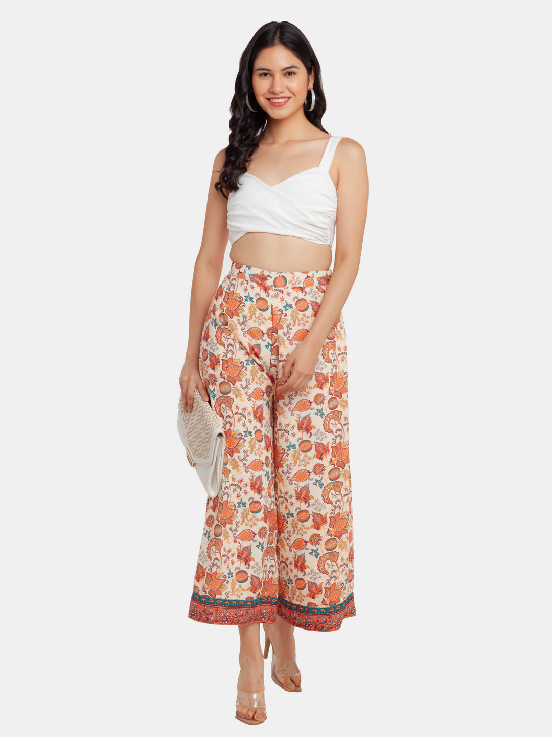 Beige Printed High Waisted Trouser For Women