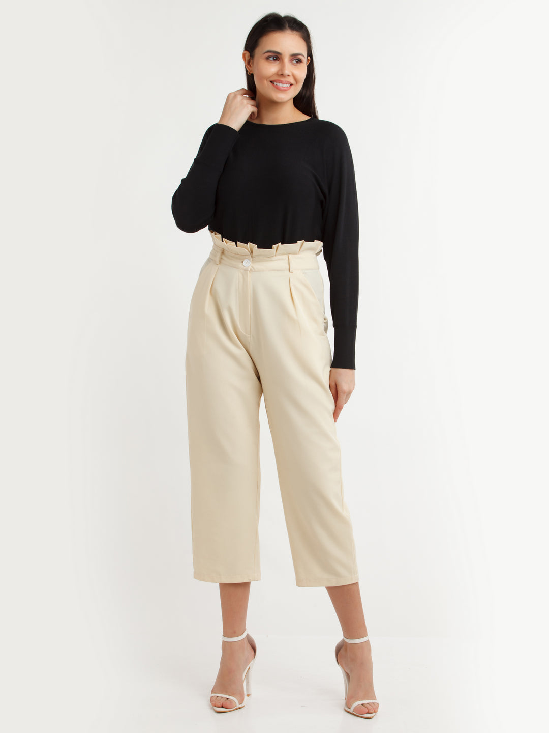 Off White Solid Trouser For Women
