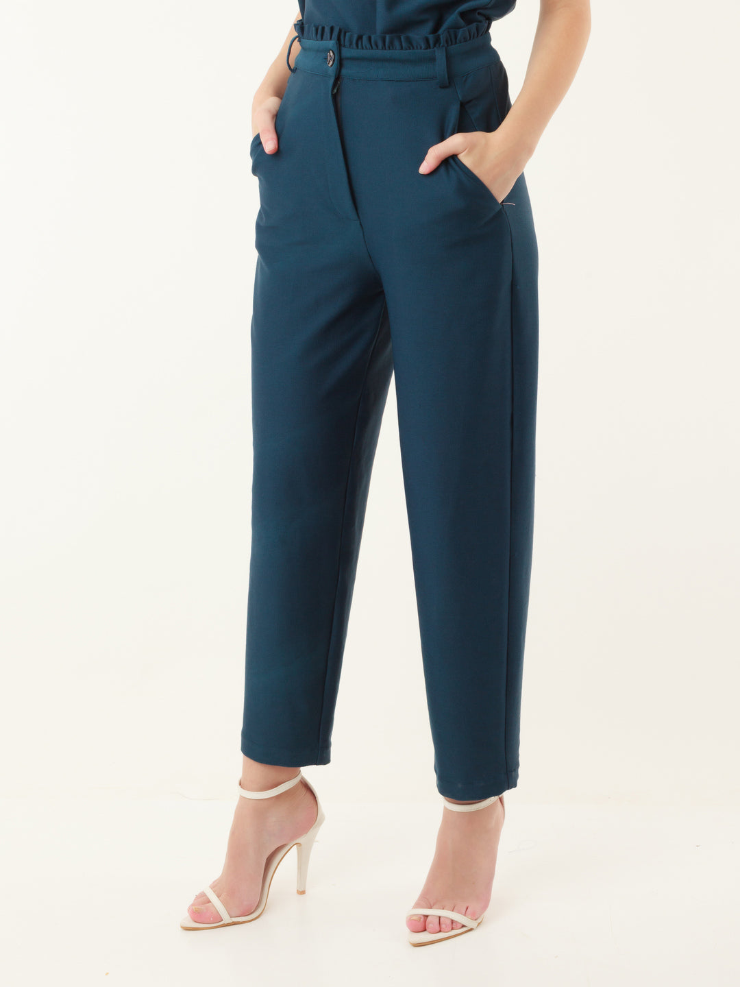 Blue Solid Pleated Trouser