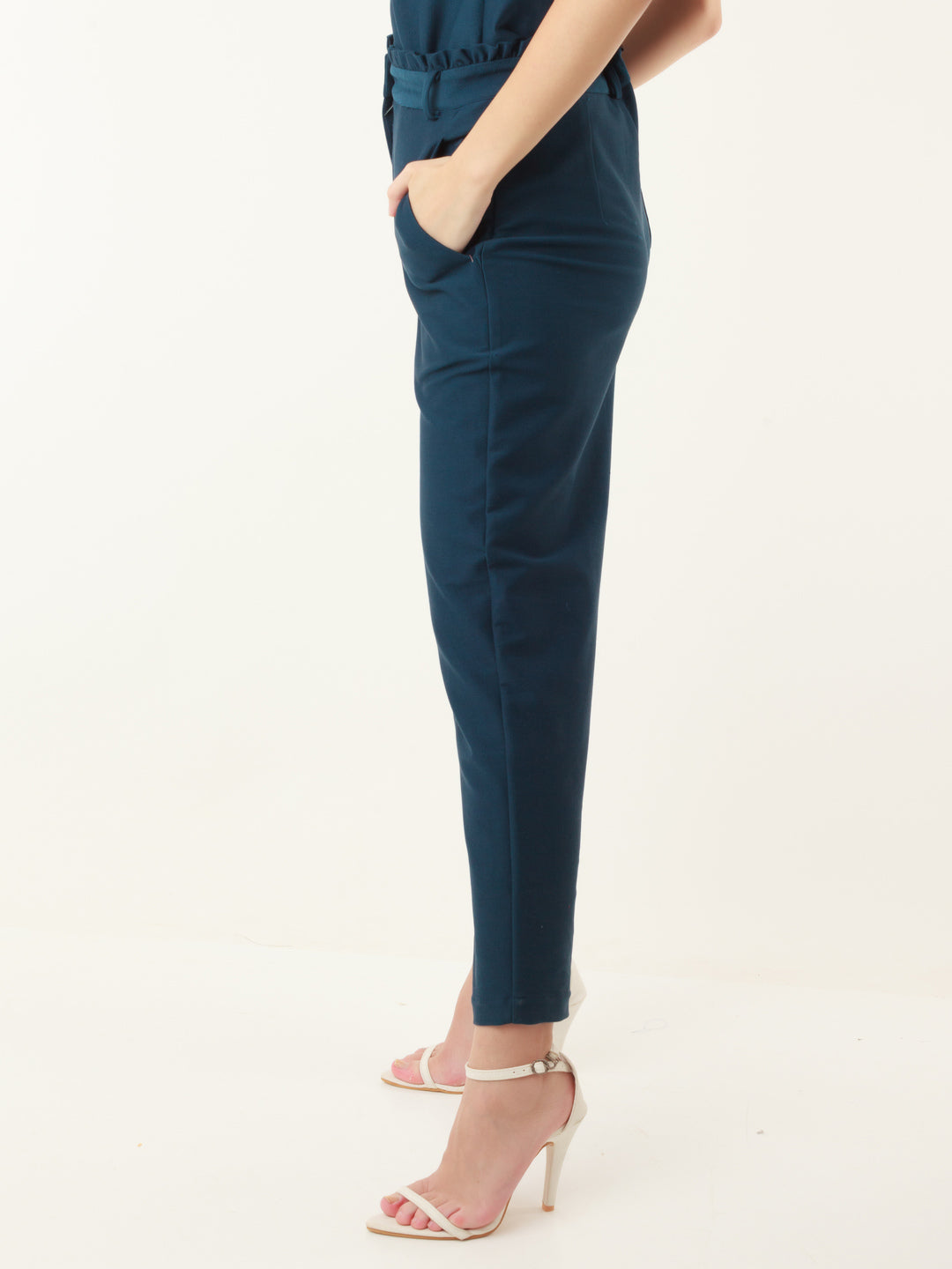 Blue Solid Pleated Trouser For Women
