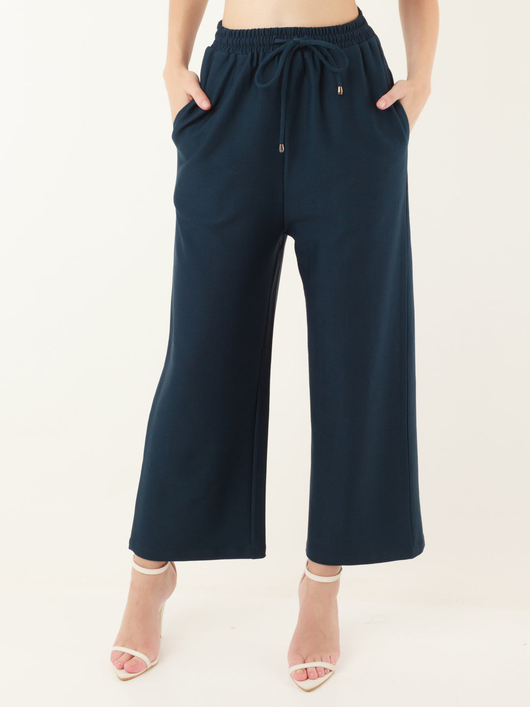 Blue Solid Elasticated Trouser For Women