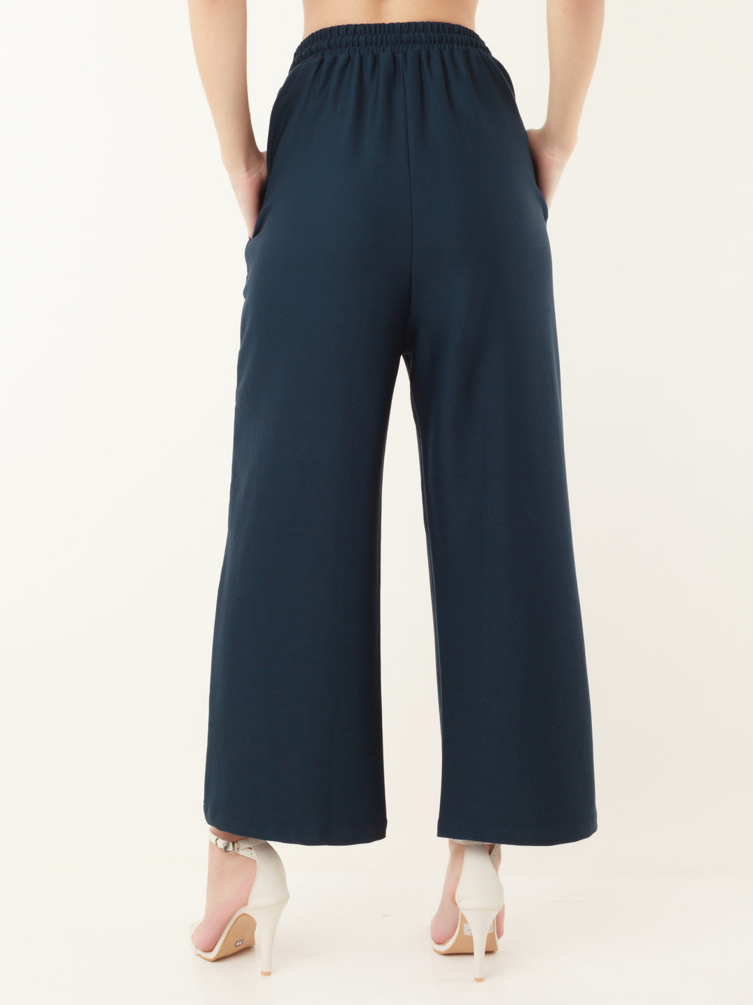 Blue Solid Elasticated Trouser For Women