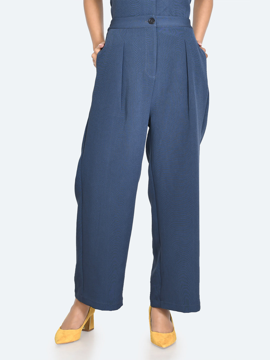 Blue Solid Pleated Trousers