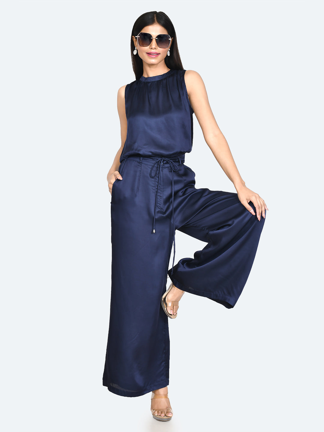 Blue Solid Wide Leg Trouser