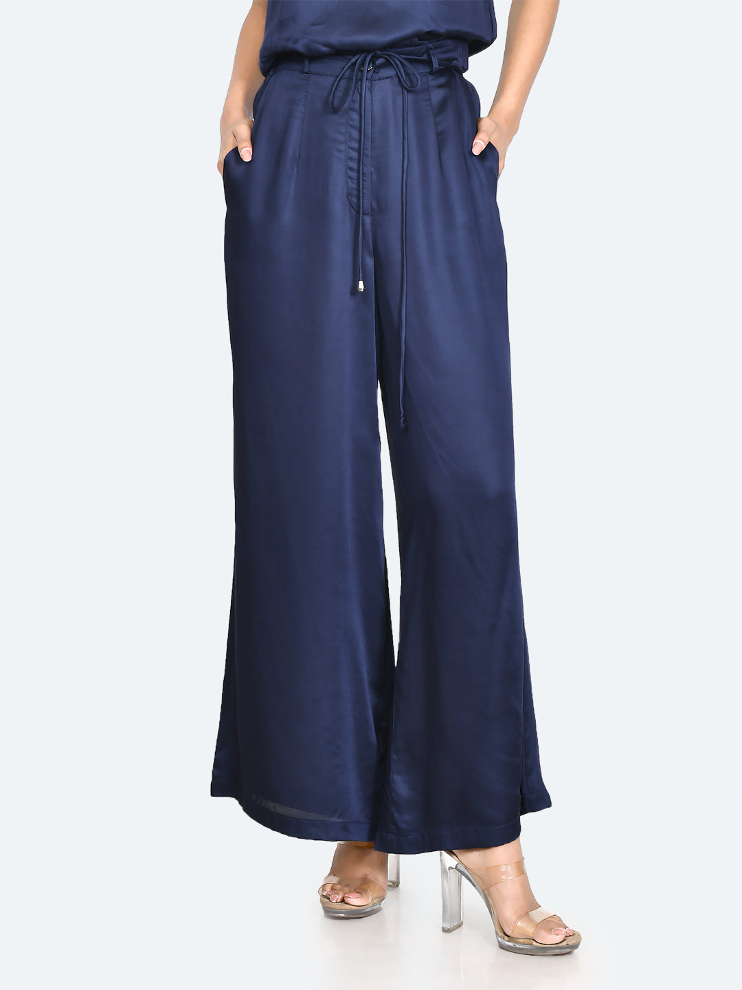 Blue Solid Wide Leg Trouser