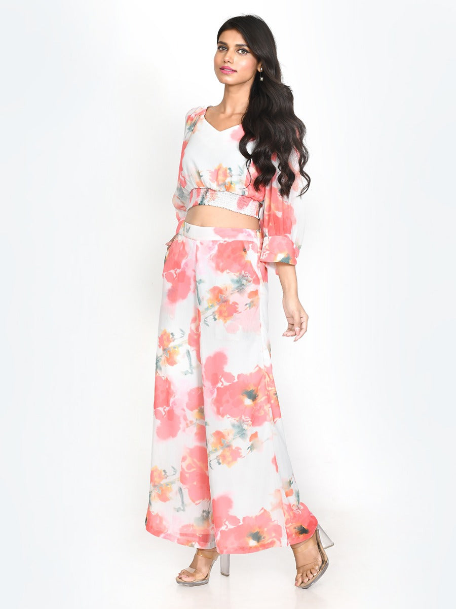 White Floral Print Wide Leg Trouser