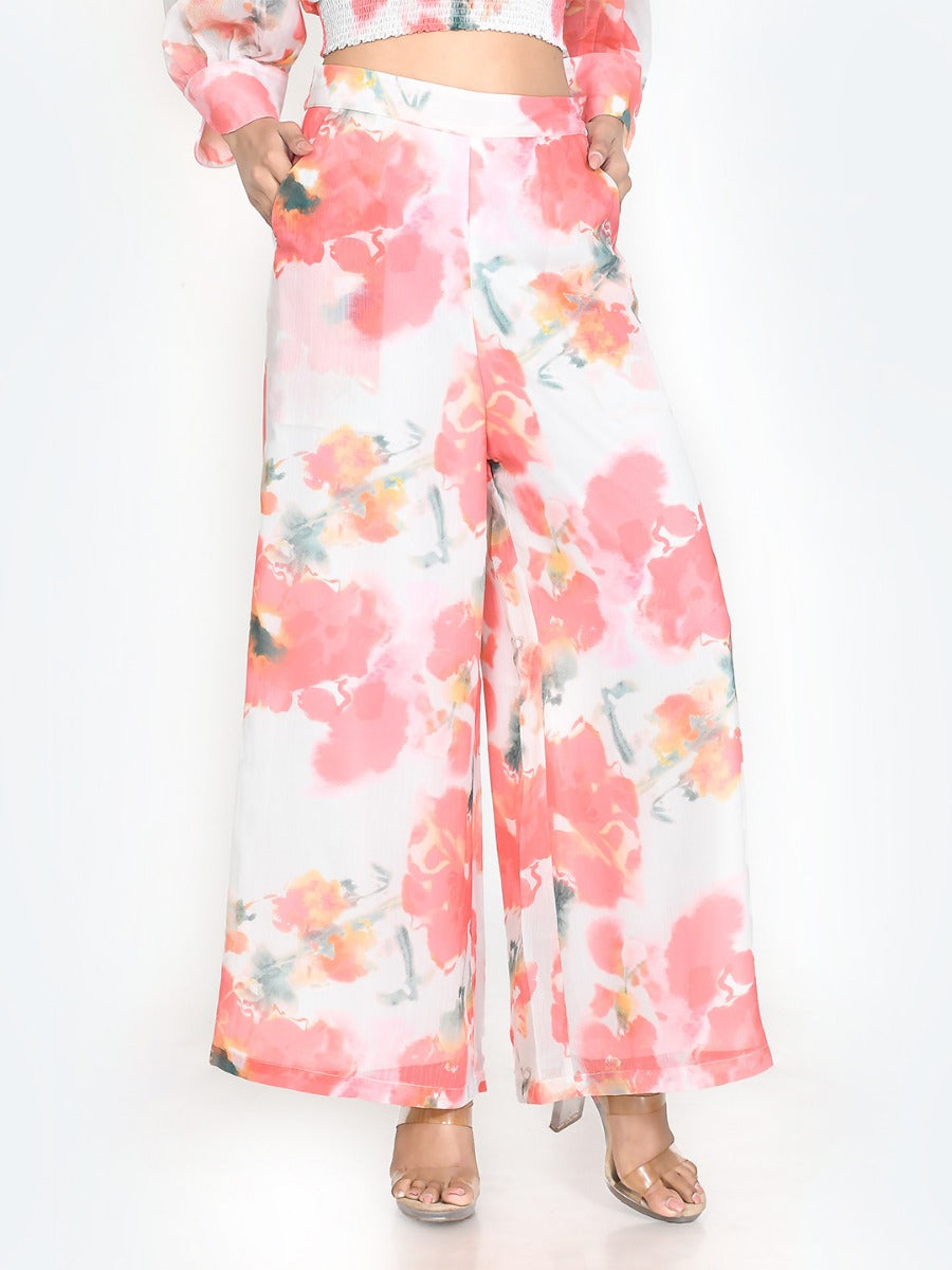 White Floral Print Wide Leg Trouser